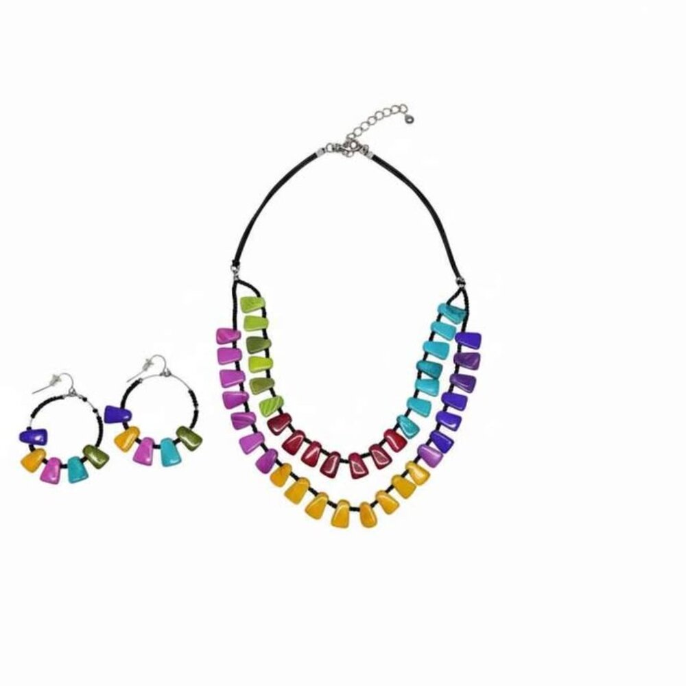 Vibrant Rainbow Beaded Statement Necklace & Hoop … - image 3